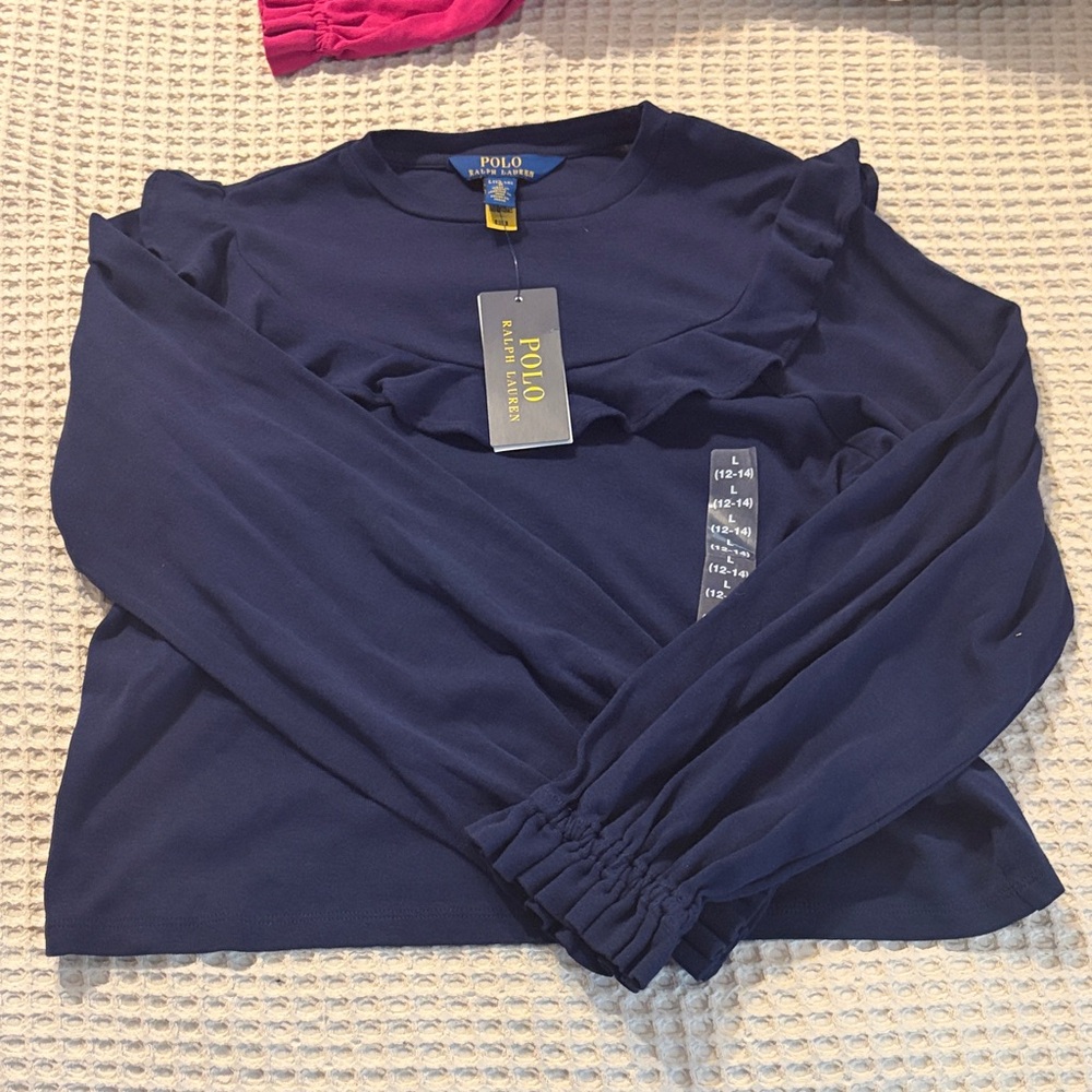 Polo by Ralph Lauren Navy Blue Ruffle Long Sleeve Tee Big Girl Size L NWT